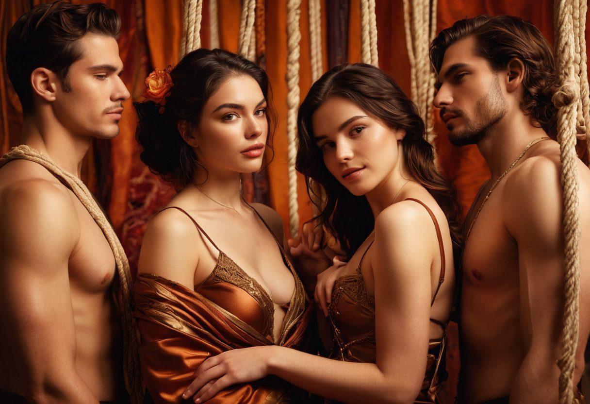 A passionate scene depicting diverse individuals exploring their unique fetishes, surrounded by intimate symbols like ropes, masks, and flowers, all intertwined to represent connections. The background should have a warm glow that evokes feelings of desire and exploration. Subtle textures of silk and leather add depth, while expressions of curiosity and joy are highlighted on the characters' faces. Soft, moody lighting enhances the intimate atmosphere. super-realistic. vibrant colors. warm tones.