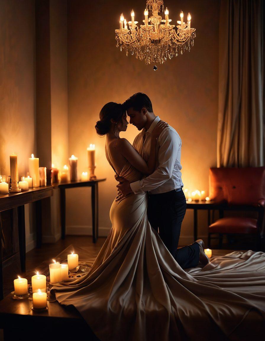 A sensual, atmospheric setting featuring a couple embracing in a dimly lit room adorned with soft fabrics and luxurious textures. Incorporate elements that suggest a sense of exploration, like a variety of vibrant accessories and romantic candles, while maintaining an elegant and passionate vibe. The couple should exude confidence and intimacy, with subtle hints of playful kink. The overall mood should be warm and inviting. super-realistic. warm colors. soft focus.