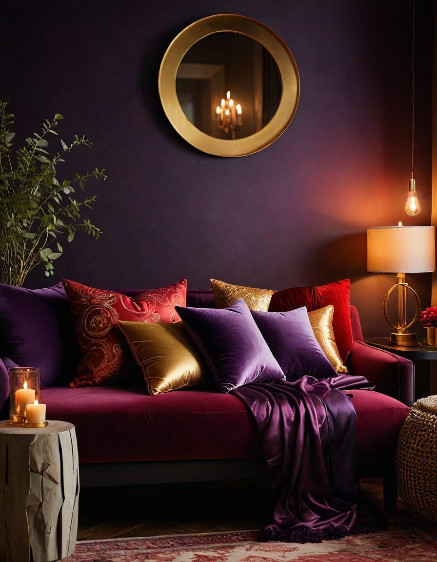 A cozy, intimate setting featuring two individuals wrapped in a warm embrace, surrounded by soft, colorful cushions and subtle candlelight. Illustrate elements of playful kink such as silk ties and feathered accessories gently incorporated into the scene, embodying trust and connection. Include subtle symbols of open-mindedness like a heart symbol within a circle. The atmosphere should evoke warmth, intimacy, and adventure. soft focus. vibrant colors. romantic ambiance.
